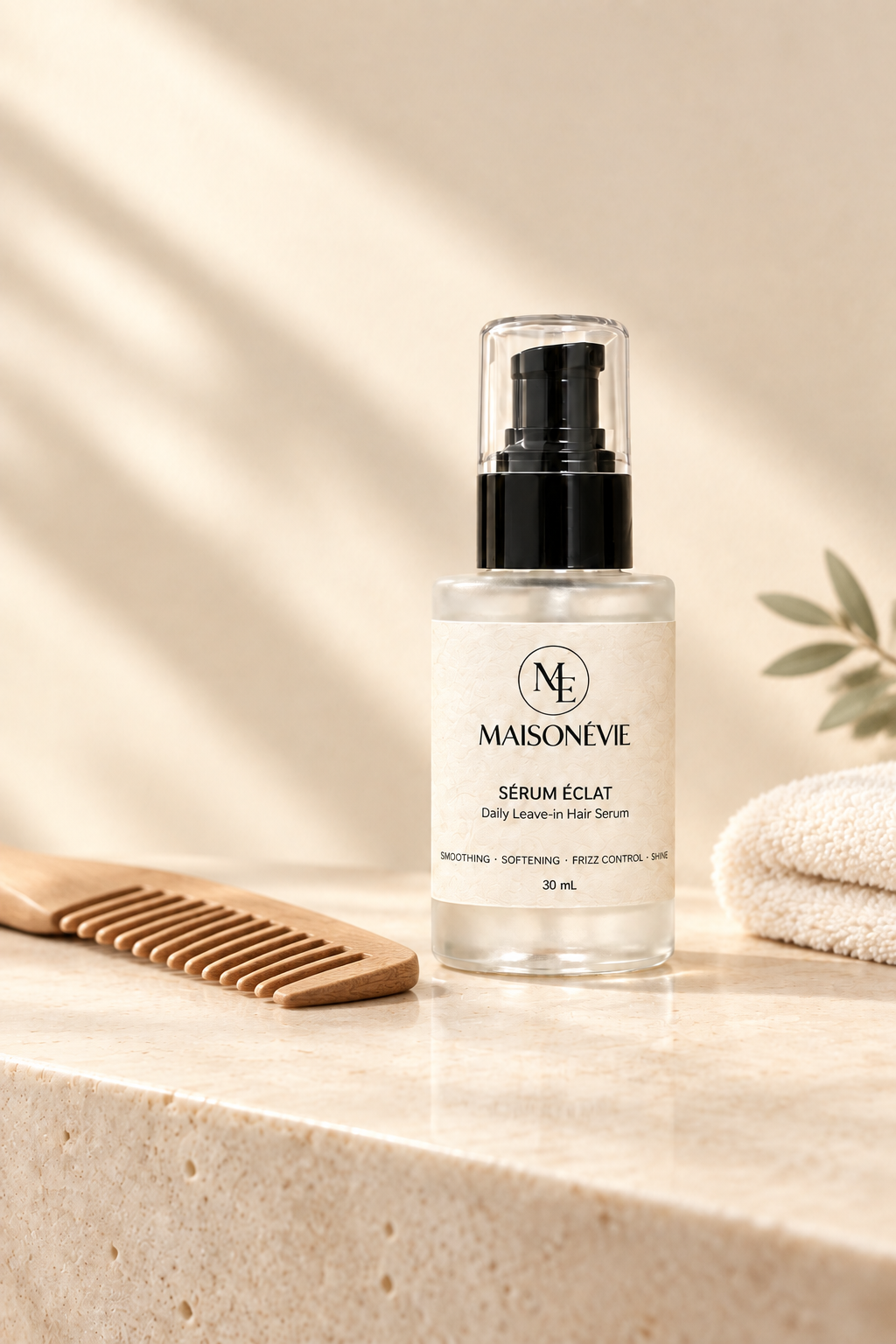 Maisonove Serum Éclat hair serum bottle with a black pump and clear cap, set on a beige stone surface with a wooden comb and a folded towel nearby.