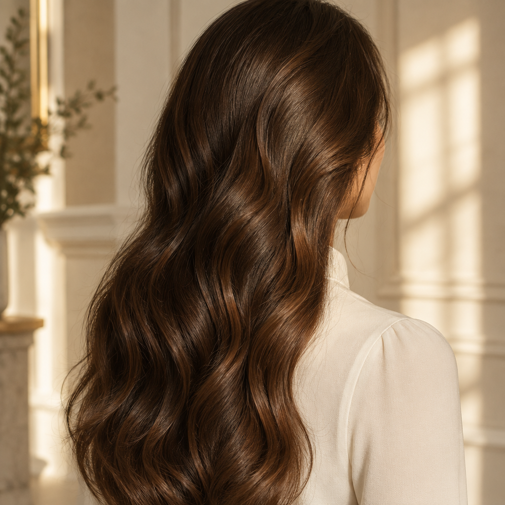 MAISONEVIE hair care campaign photography - close-up detail showcasing natural, fluid, and polished brunette hair textures captured in soft, directional sunlight.