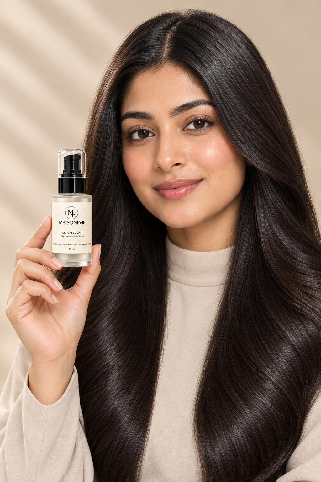 Model with sleek hair holding the bottle