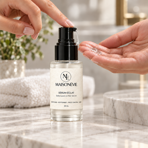 Clear liquid texture of MAISONEVIE Sérum Éclat being dispensed from the glossy black pump for smoothing dry hair ends.