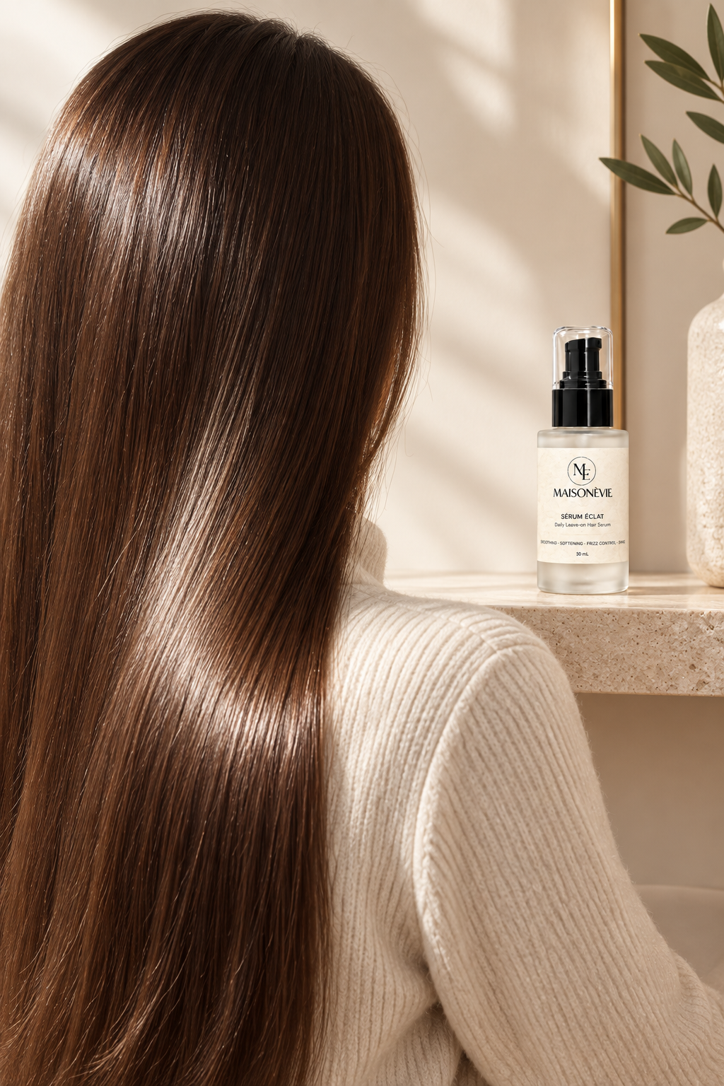 Sleek, shiny hair from over the shoulder