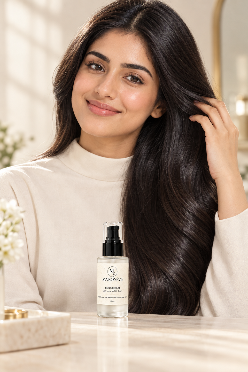 Smiling model running her fingers through silky hair