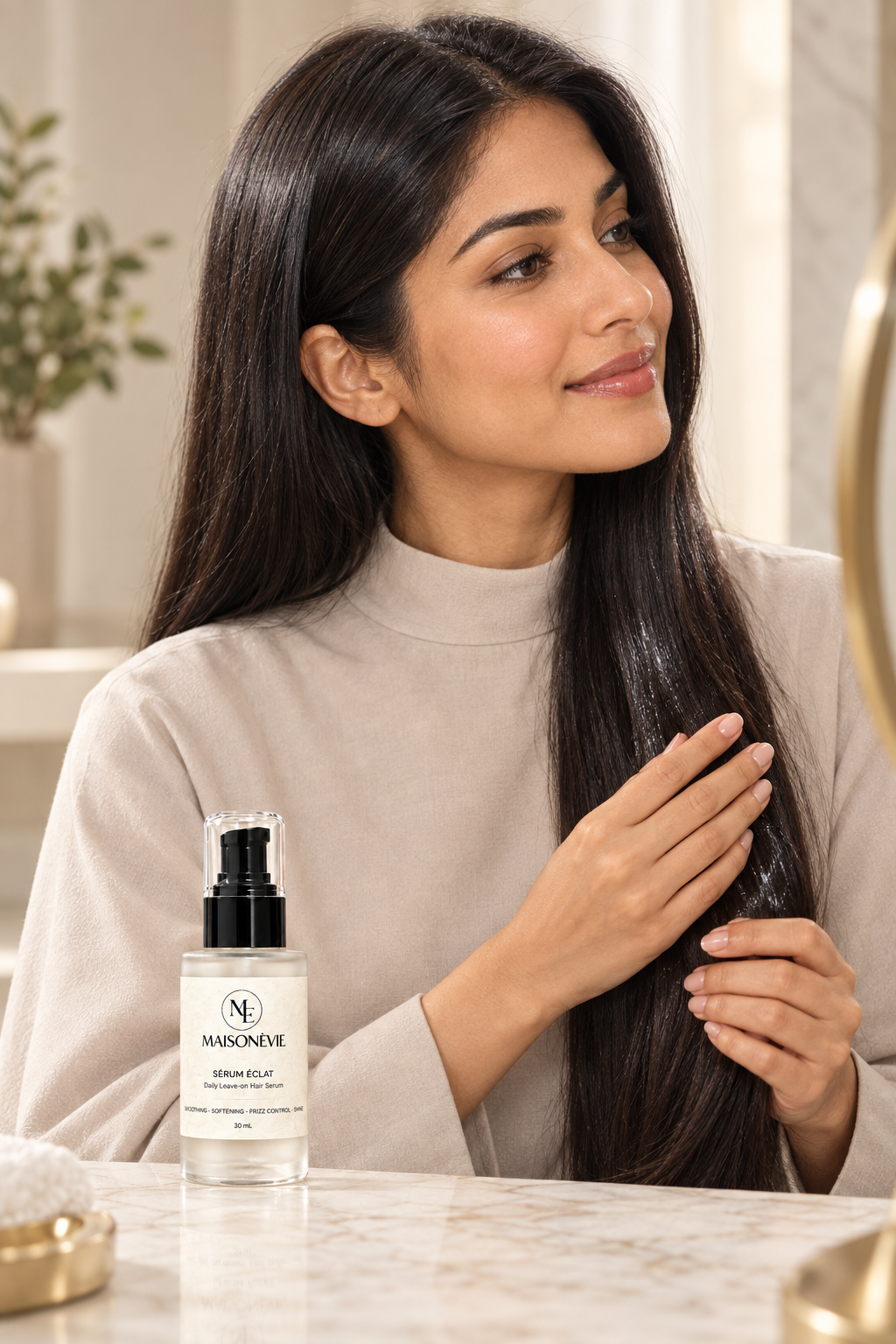 Smoothing serum onto the ends of her hair at a mirror