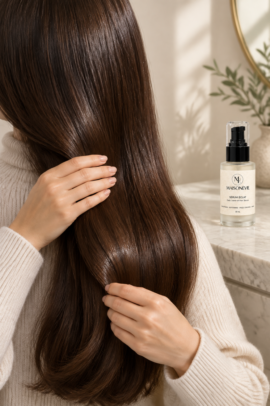 Smoothing serum through glossy hair